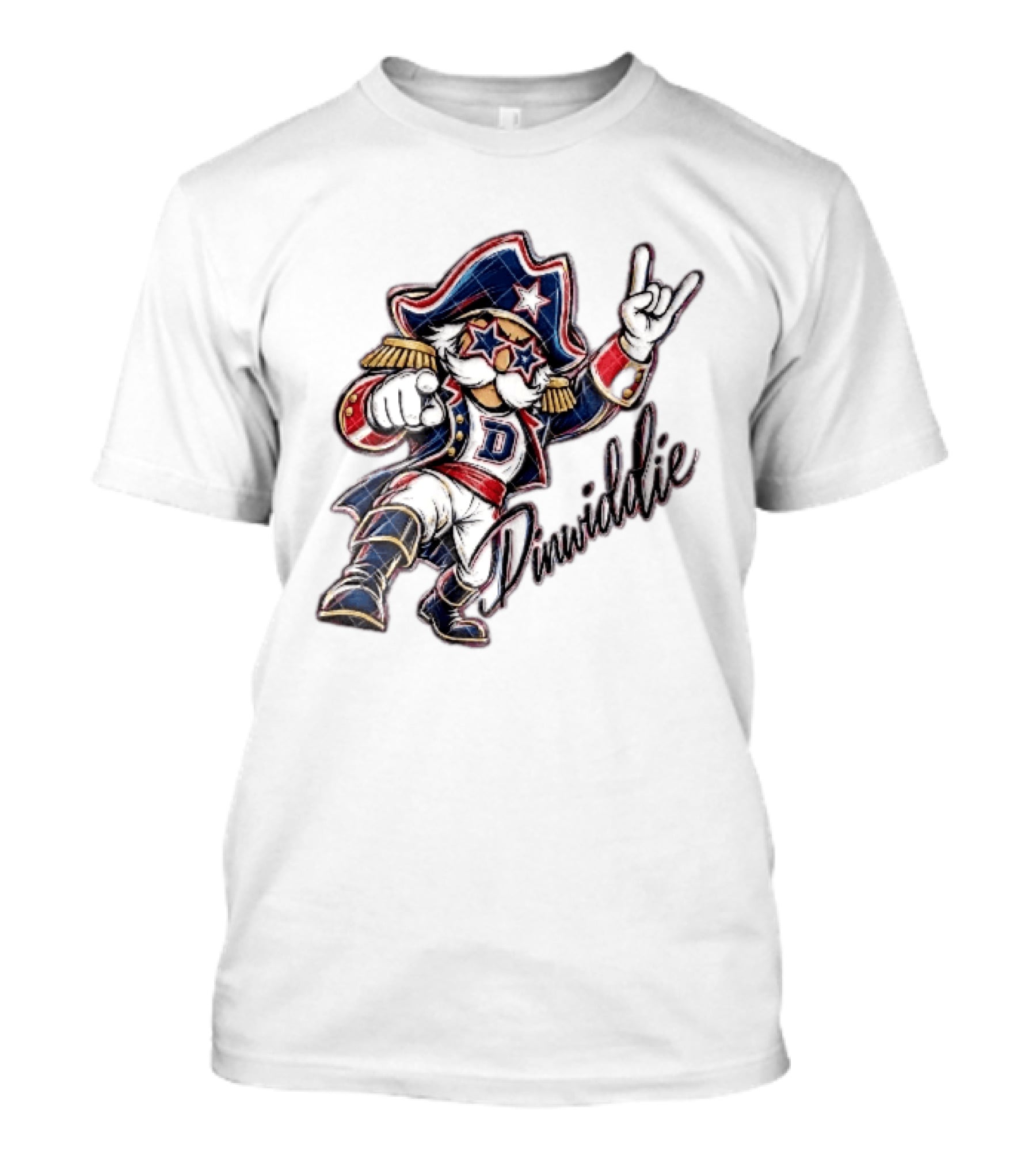 Dinwiddie Generals Cartoon Patriot Star Glasses Pointing Hand Dinwiddie T-Shirt