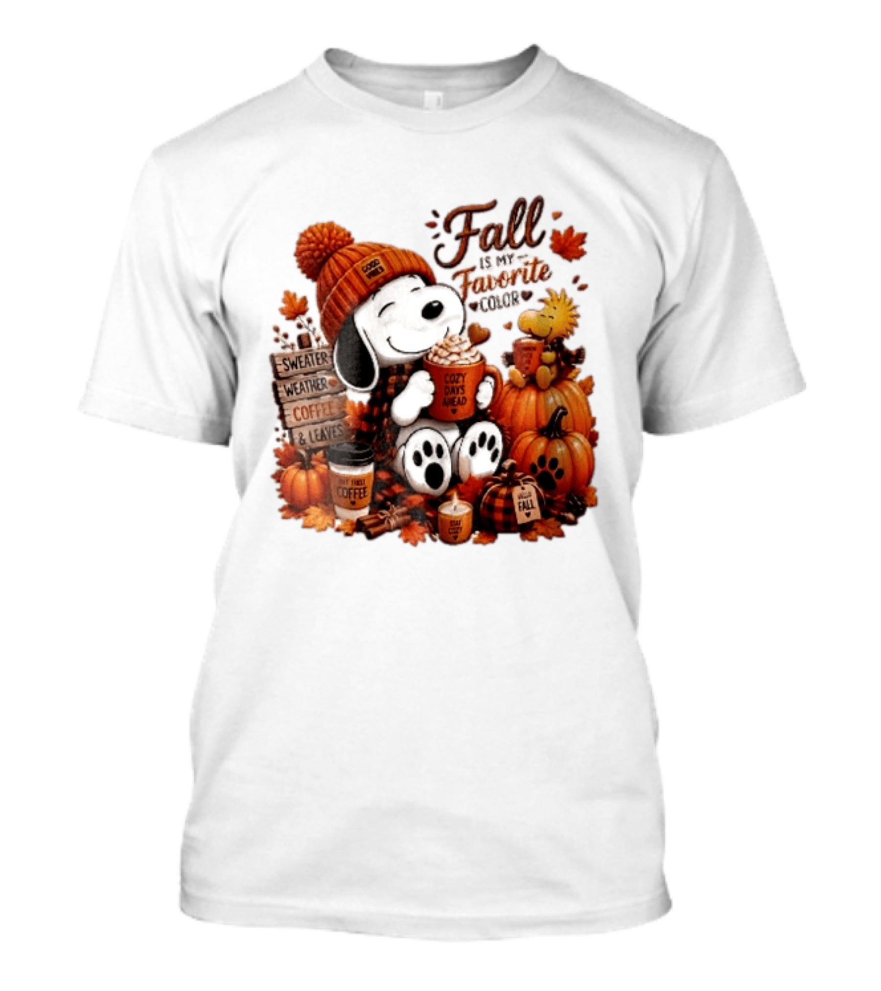 Fall Is My Favorite Color Sweater Weather Coffee Leaves Cozy Days Cartoon Dog Bird Pumpkins T-Shirt