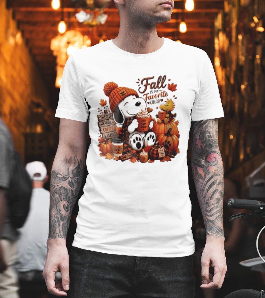 Fall Is My Favorite Color Sweater Weather Coffee Leaves Cozy Days Cartoon Dog Bird Pumpkins T-Shirt
