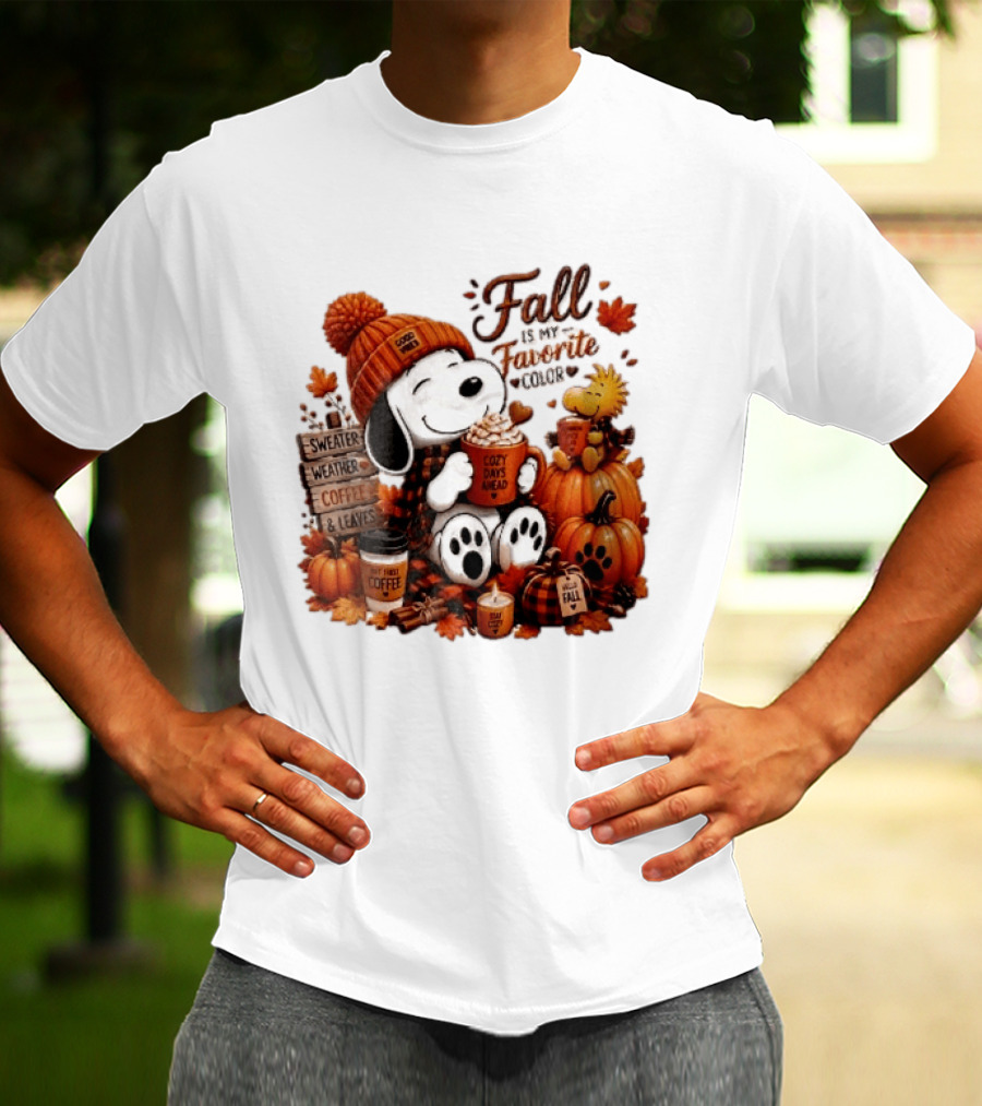 Fall Is My Favorite Color Sweater Weather Coffee Leaves Cozy Days Cartoon Dog Bird Pumpkins T-Shirt