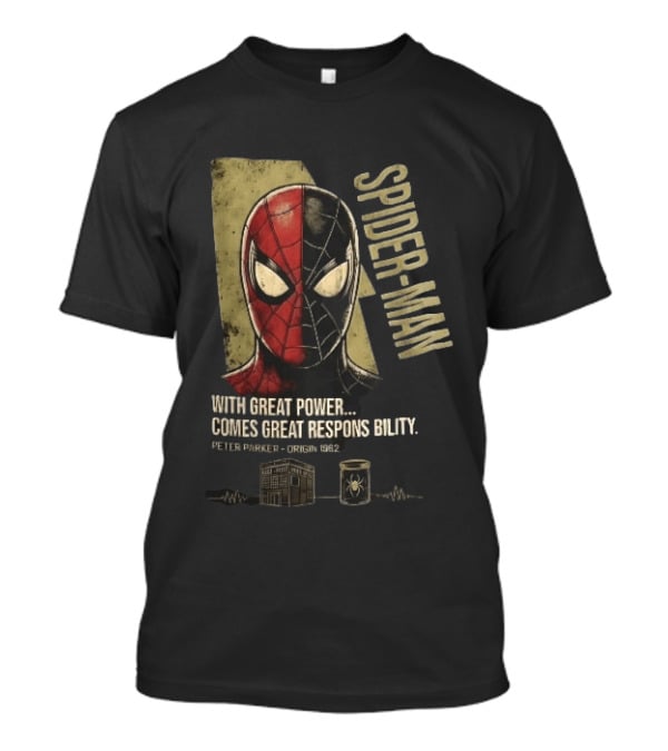 Spider Man With Great Power Comes Great Responsibility Peter Parker Origin 1962 Split Mask T-Shirt