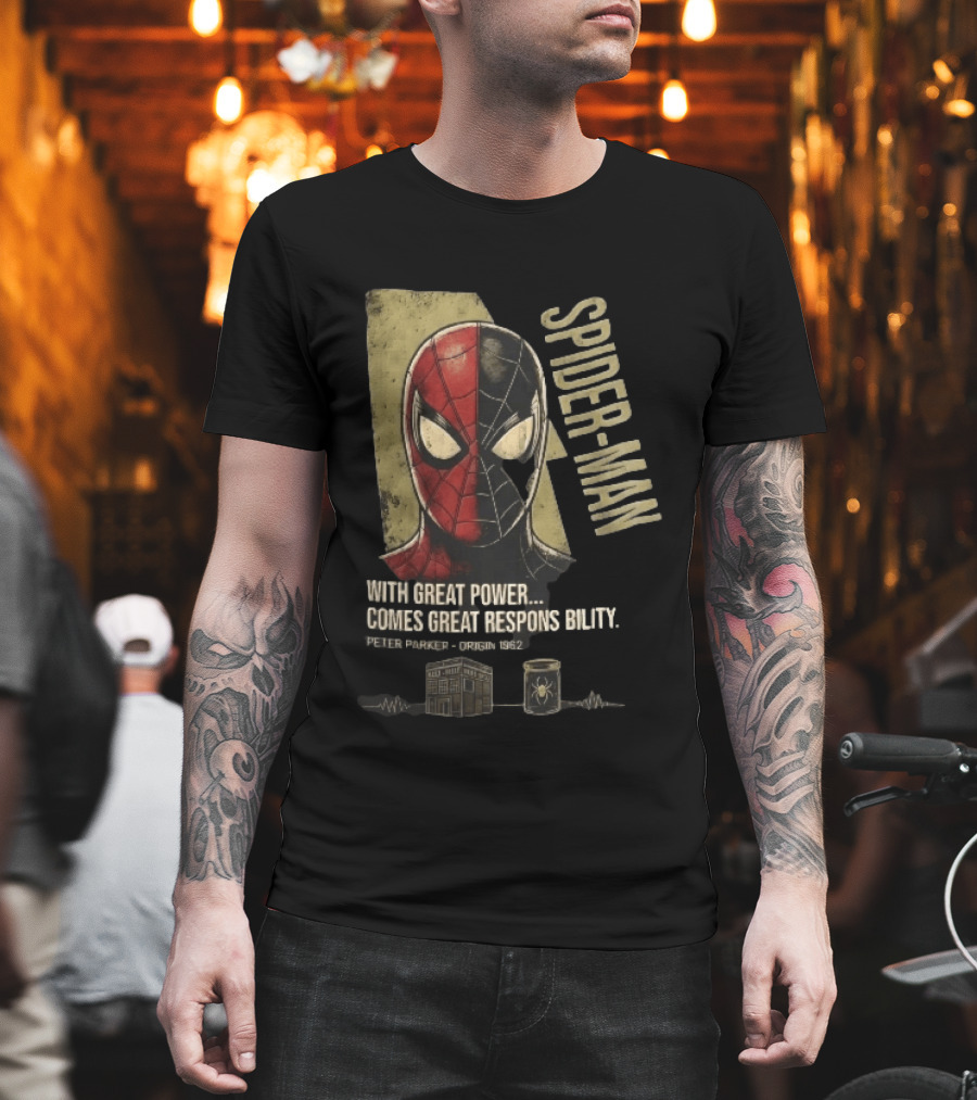 Spider Man With Great Power Comes Great Responsibility Peter Parker Origin 1962 Split Mask T-Shirt