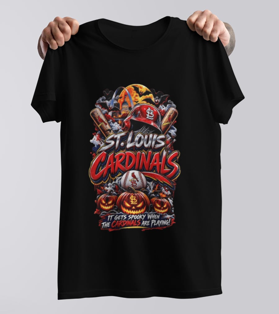 St. Louis Cardinals Halloween Spooky Baseball Theme With Pumpkins And Bats T-Shirt