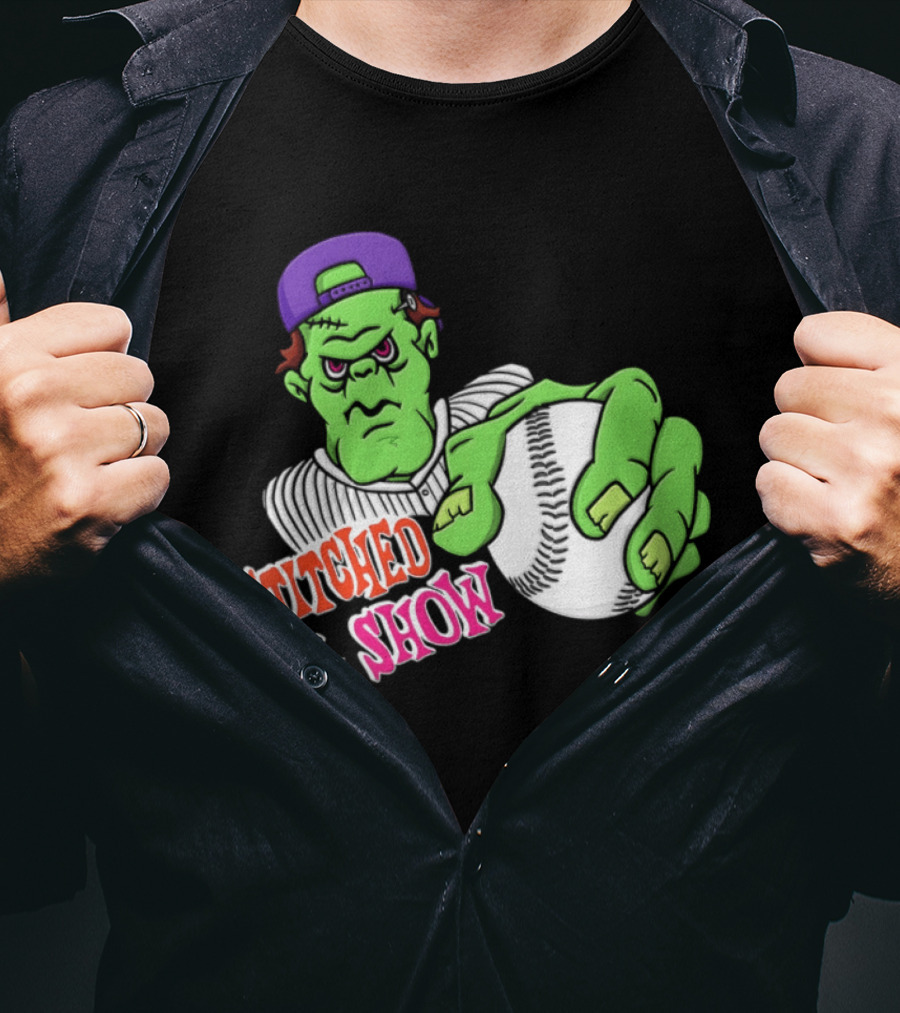 Stitched For The Show Baseball Monster Pitcher Cartoon T-Shirt
