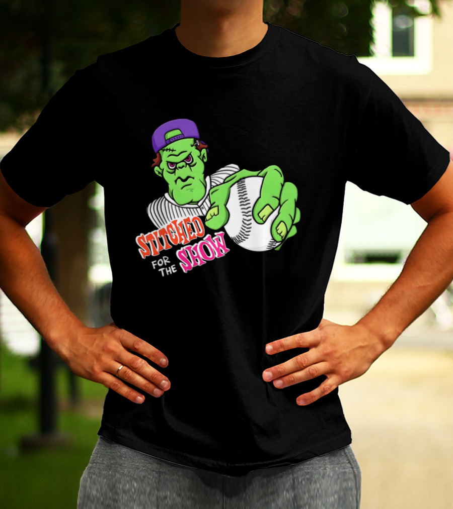 Stitched For The Show Baseball Monster Pitcher Cartoon T-Shirt