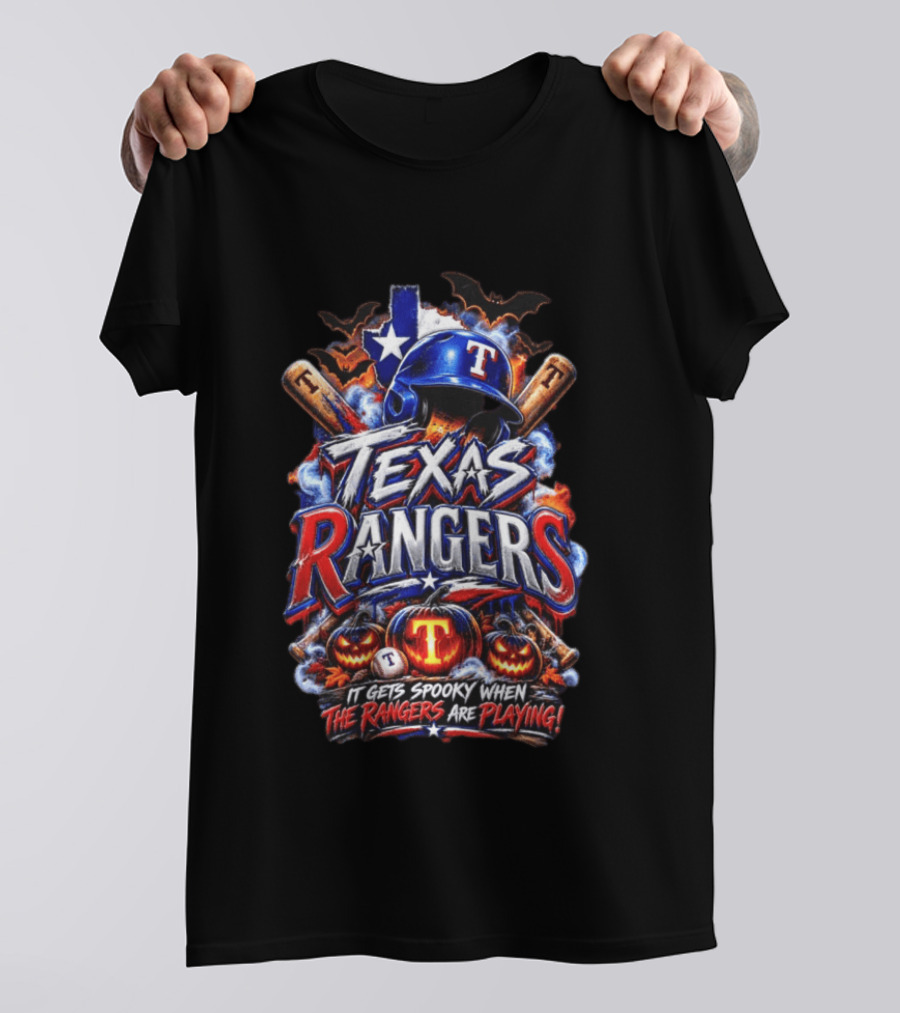 Texas Rangers Spooky Halloween Baseball Bats And Pumpkins T-Shirt