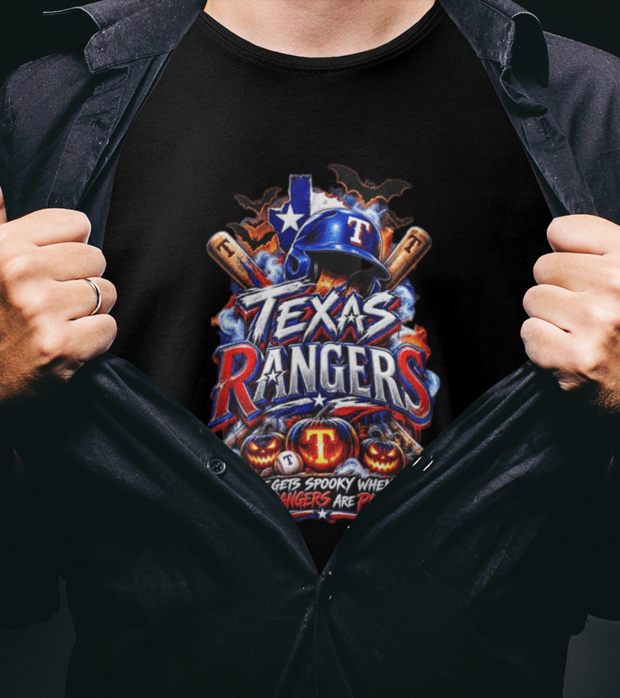 Texas Rangers Spooky Halloween Baseball Bats And Pumpkins T-Shirt