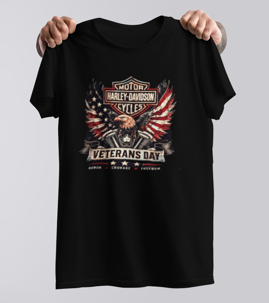 Veterans Day Harley Davidson Motor Cycles Honor Courage Freedom Eagle Wings T-Shirt