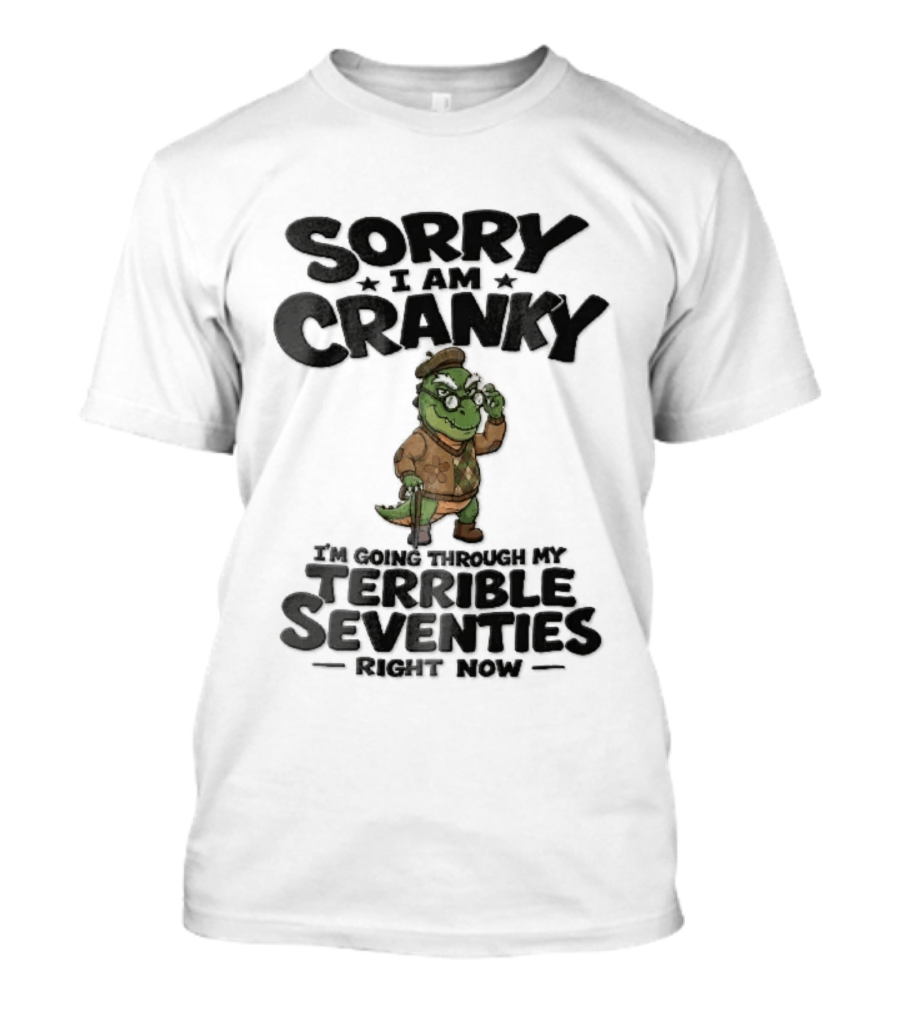 Sorry I Am Cranky Terrible Seventies Cartoon Elderly Alligator Cane Beret T-Shirt