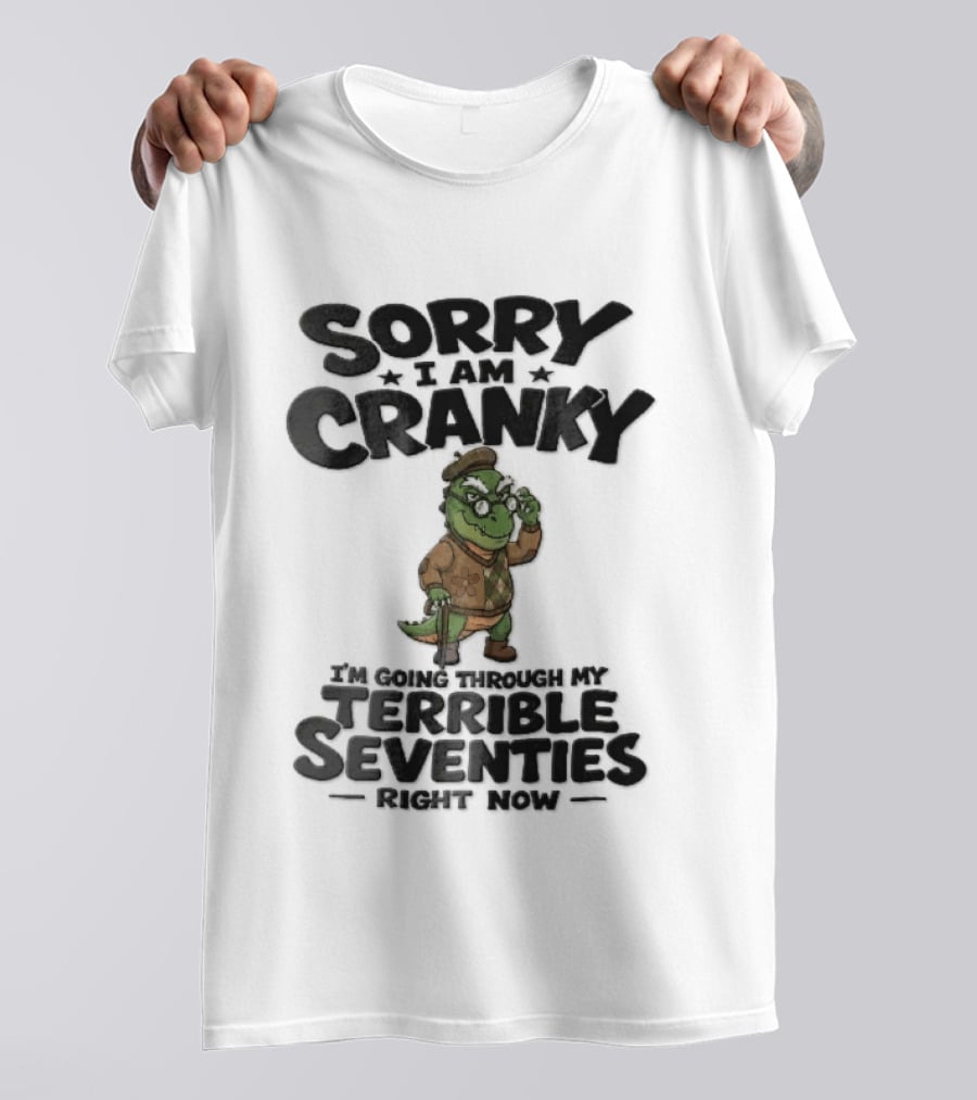 Sorry I Am Cranky Terrible Seventies Cartoon Elderly Alligator Cane Beret T-Shirt