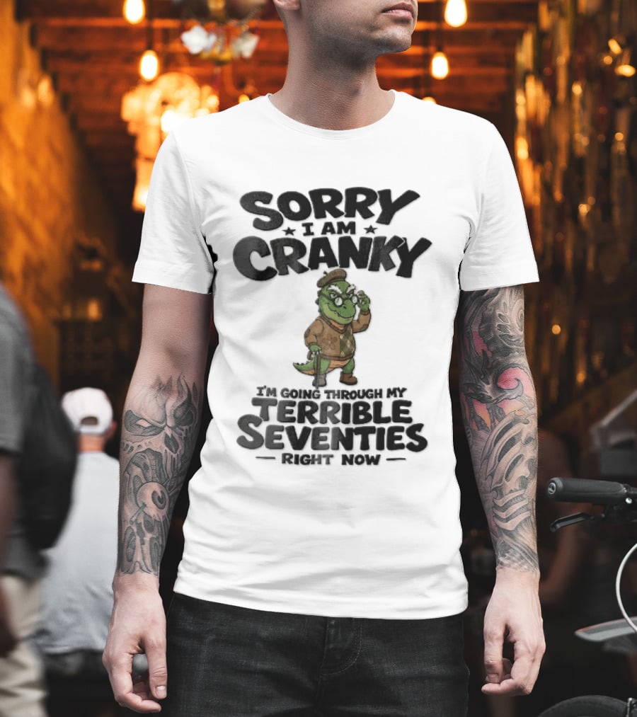 Sorry I Am Cranky Terrible Seventies Cartoon Elderly Alligator Cane Beret T-Shirt