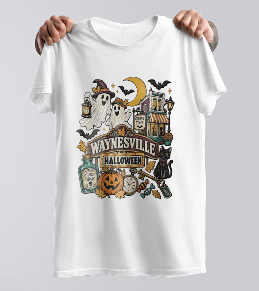 Waynesville Halloween Ghost Tour Ohio Cartoon Pumpkin Black Cat Crescent Moon Ghost Tonic Key T-Shirt