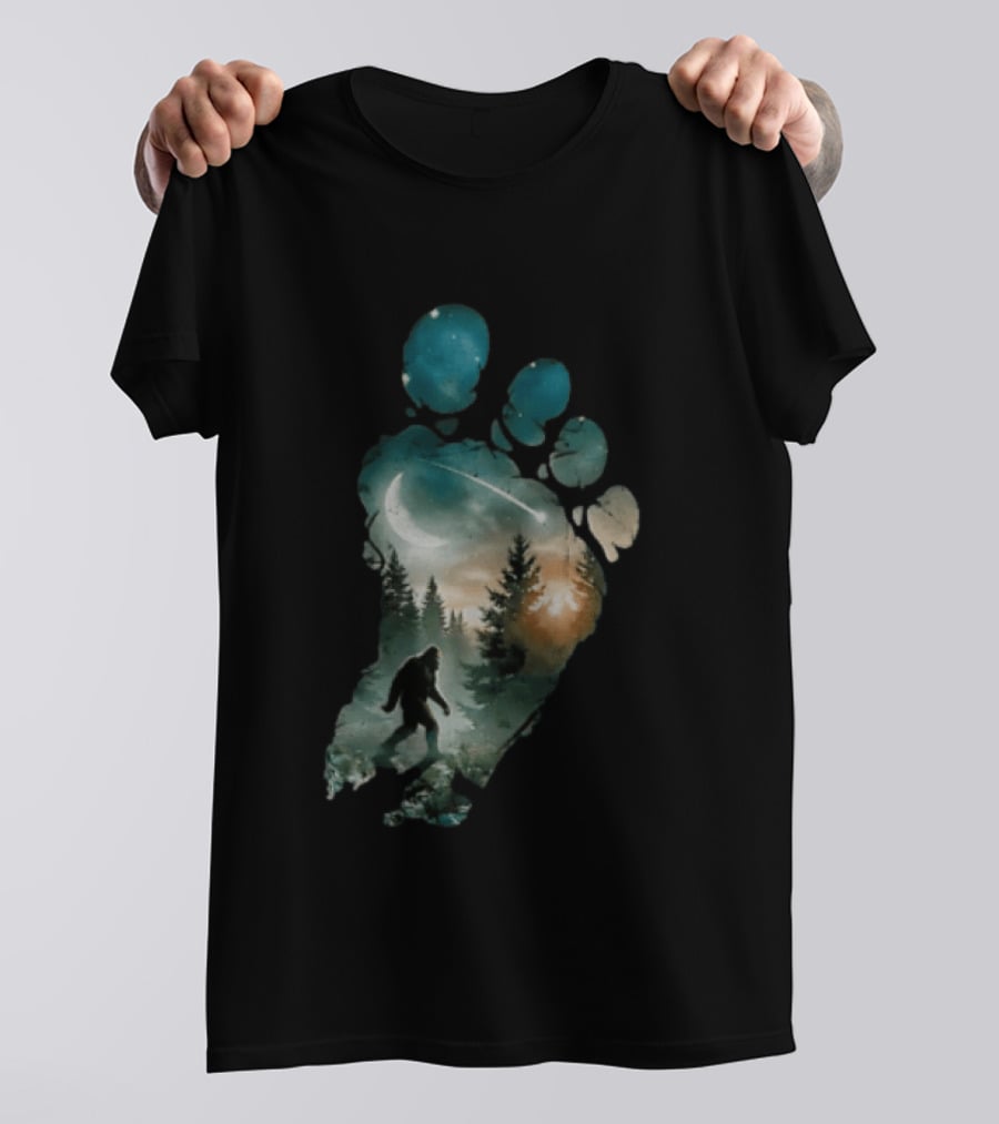 Bigfoot Footprint Moon Mountain Trees Forest Sasquatch Night Scene T-Shirt