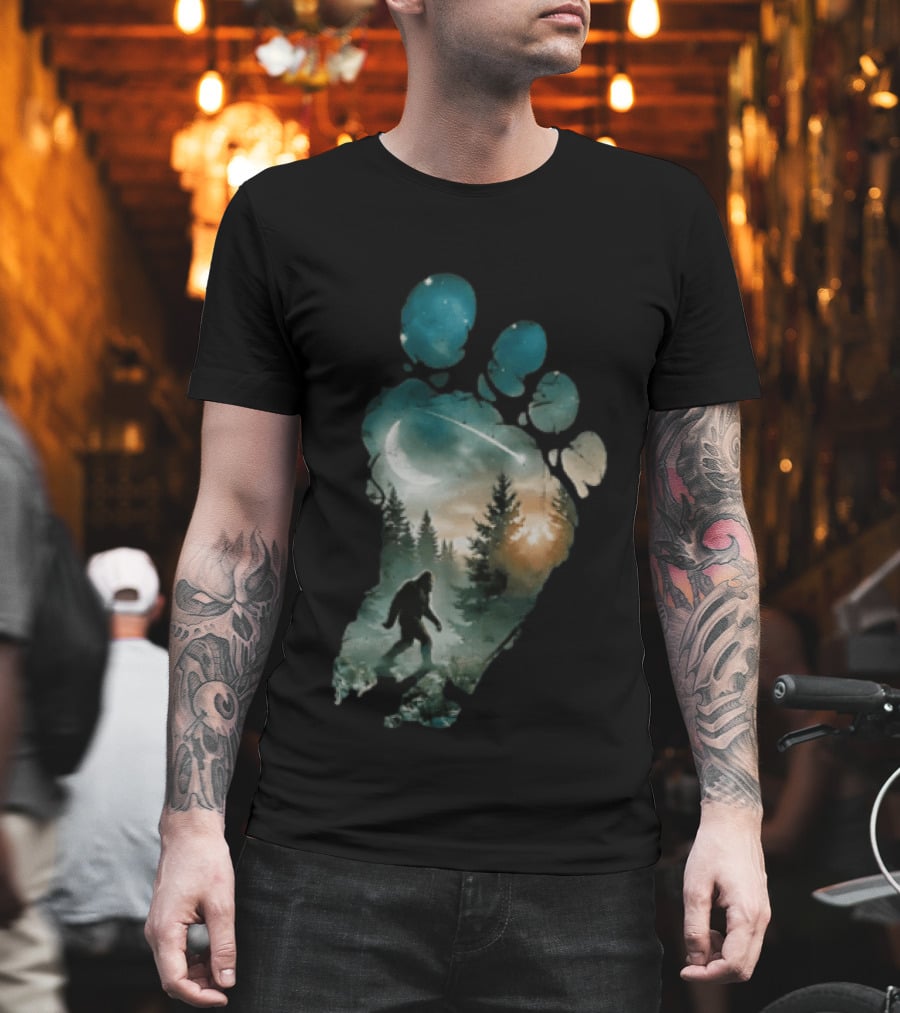 Bigfoot Footprint Moon Mountain Trees Forest Sasquatch Night Scene T-Shirt