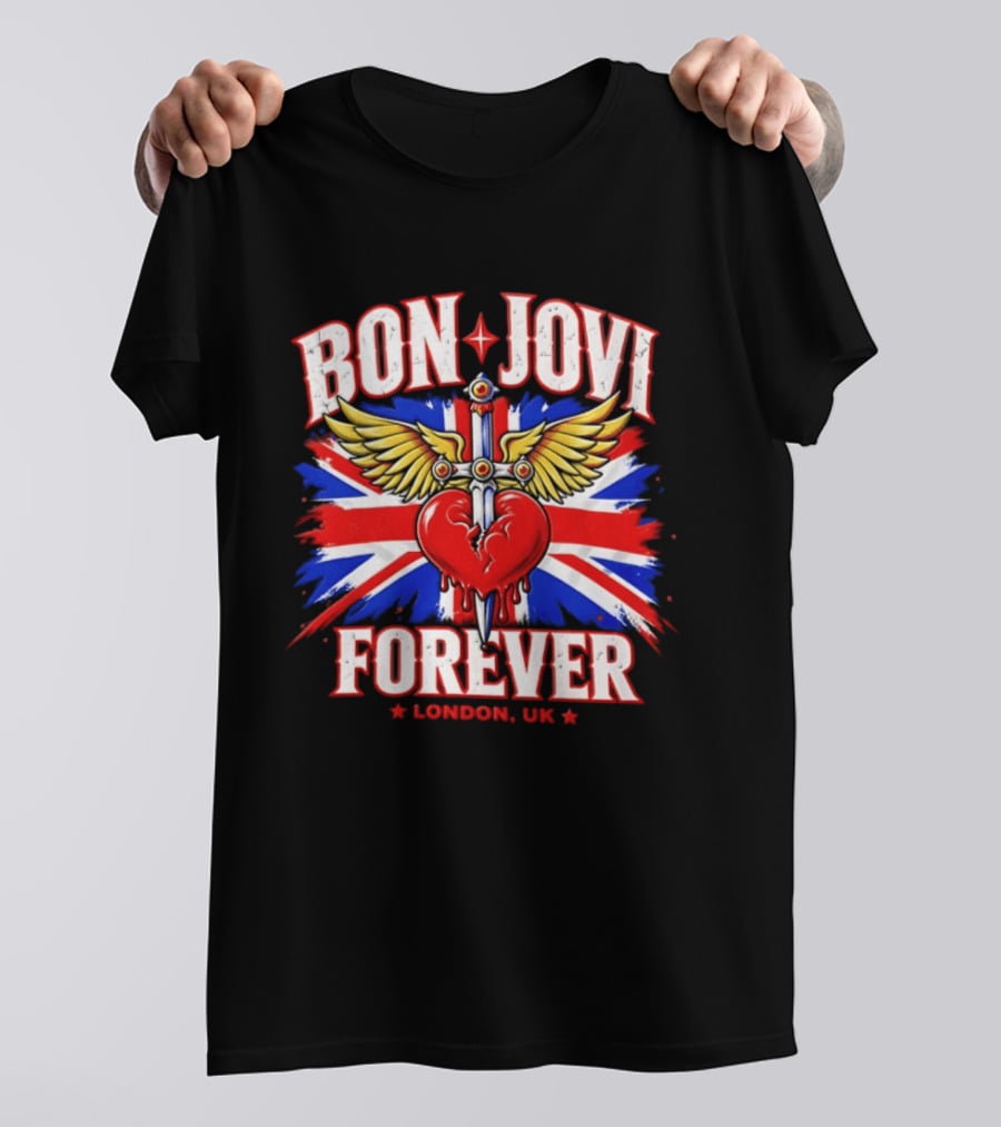 Bon Jovi Forever London UK Tour Union Jack Heart And Dagger Wings T-Shirt
