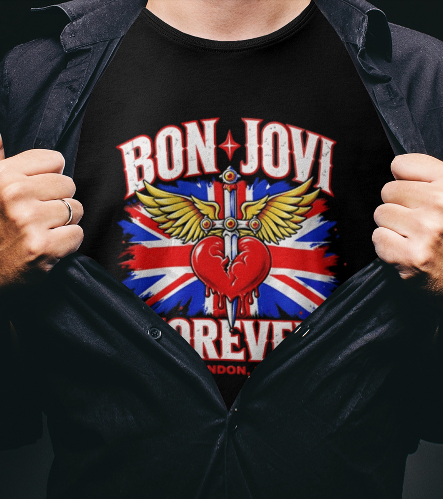 Bon Jovi Forever London UK Tour Union Jack Heart And Dagger Wings T-Shirt