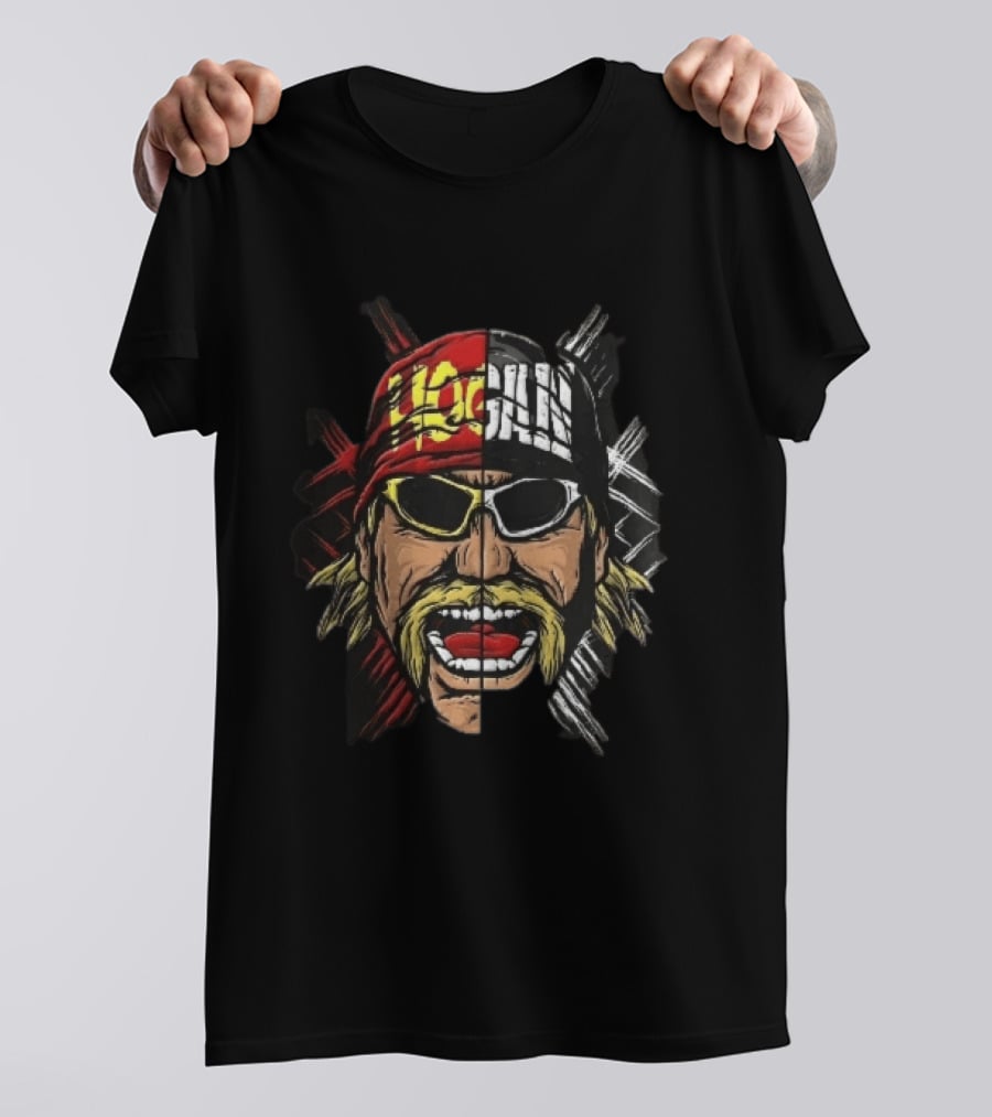 Hogan Red Black Split Face Sunglasses Mustache Caricature T-Shirt