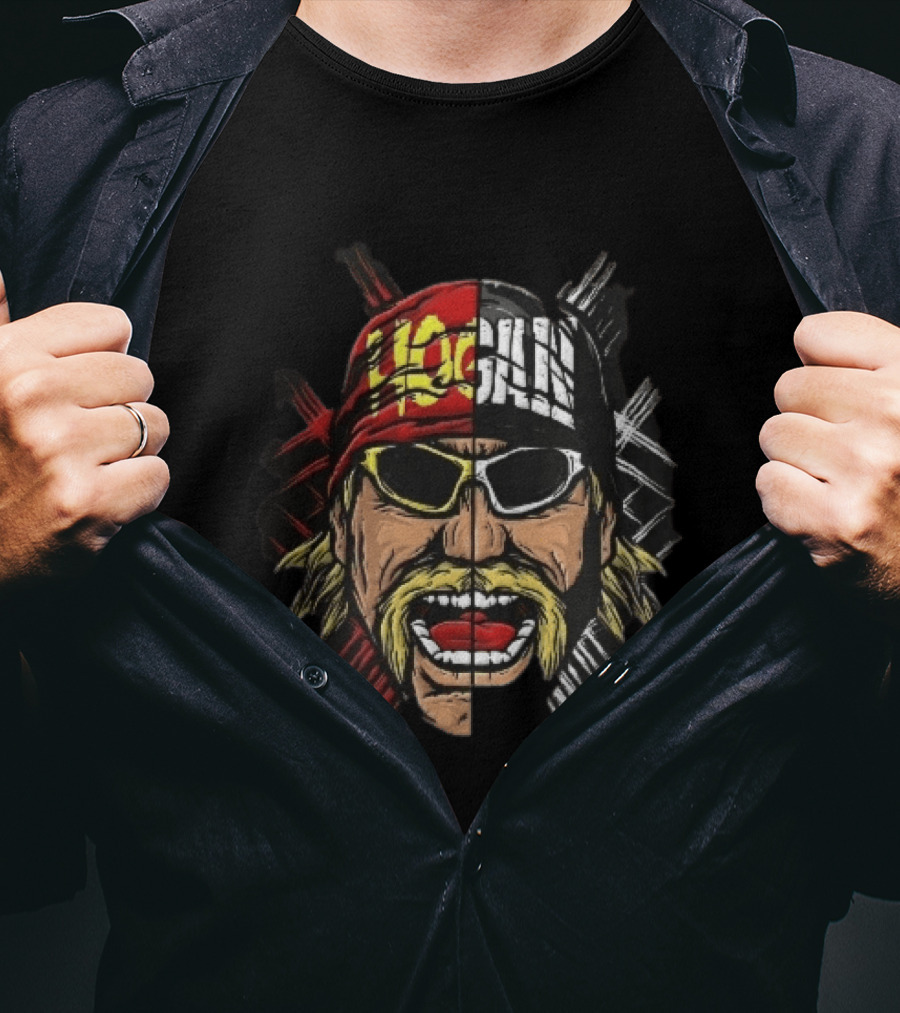 Hogan Red Black Split Face Sunglasses Mustache Caricature T-Shirt