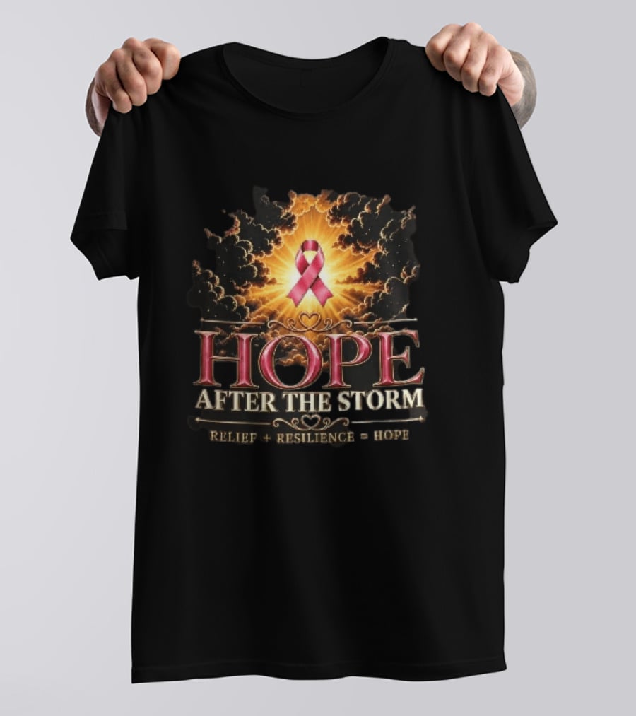 Hope After The Storm Relief Resilience Pink Breast Cancer Ribbon Clouds Sunburst Rays T-Shirt