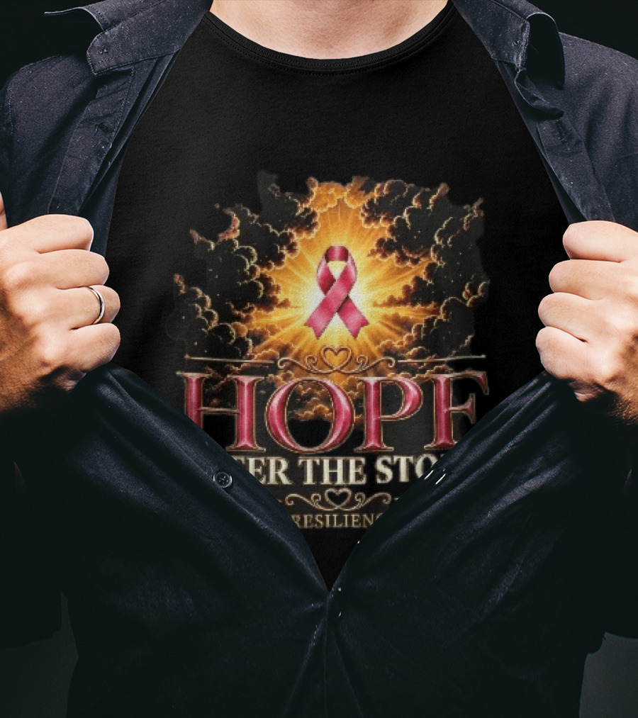 Hope After The Storm Relief Resilience Pink Breast Cancer Ribbon Clouds Sunburst Rays T-Shirt