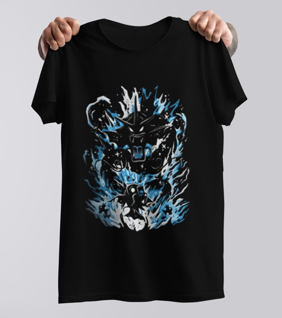Dark Cartoon Red Gyarados Gold Magikarp Splashing Water Waves Pokémon Collection T-Shirt