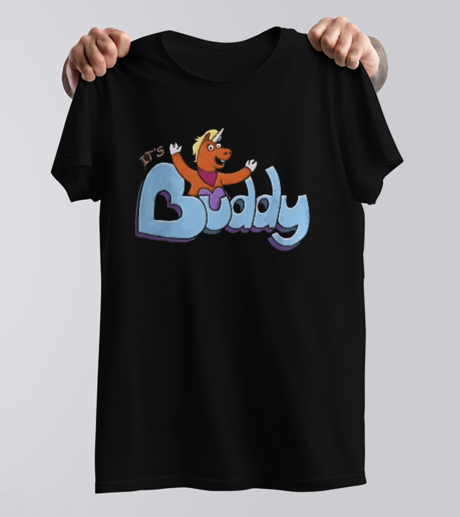 Its Buddy Cartoon Orange Unicorn Horse Purple Scarf Raised Arms T-Shirt