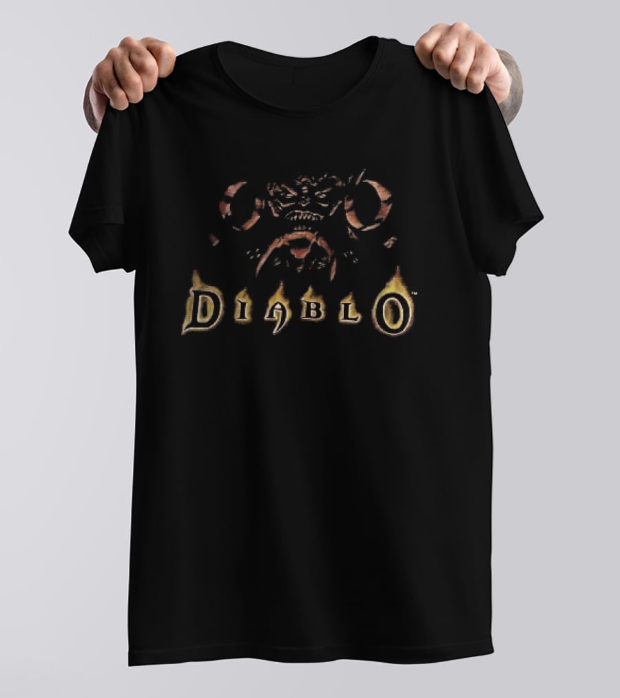 Diablo Distressed Crimson Flaming Demon Horned T-Shirt