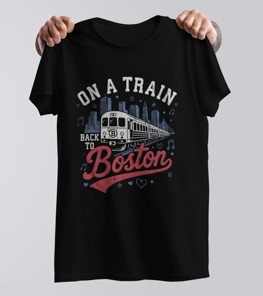 On A Train Back To Boston City Skyline With Musical Notes And Hearts T-Shirt