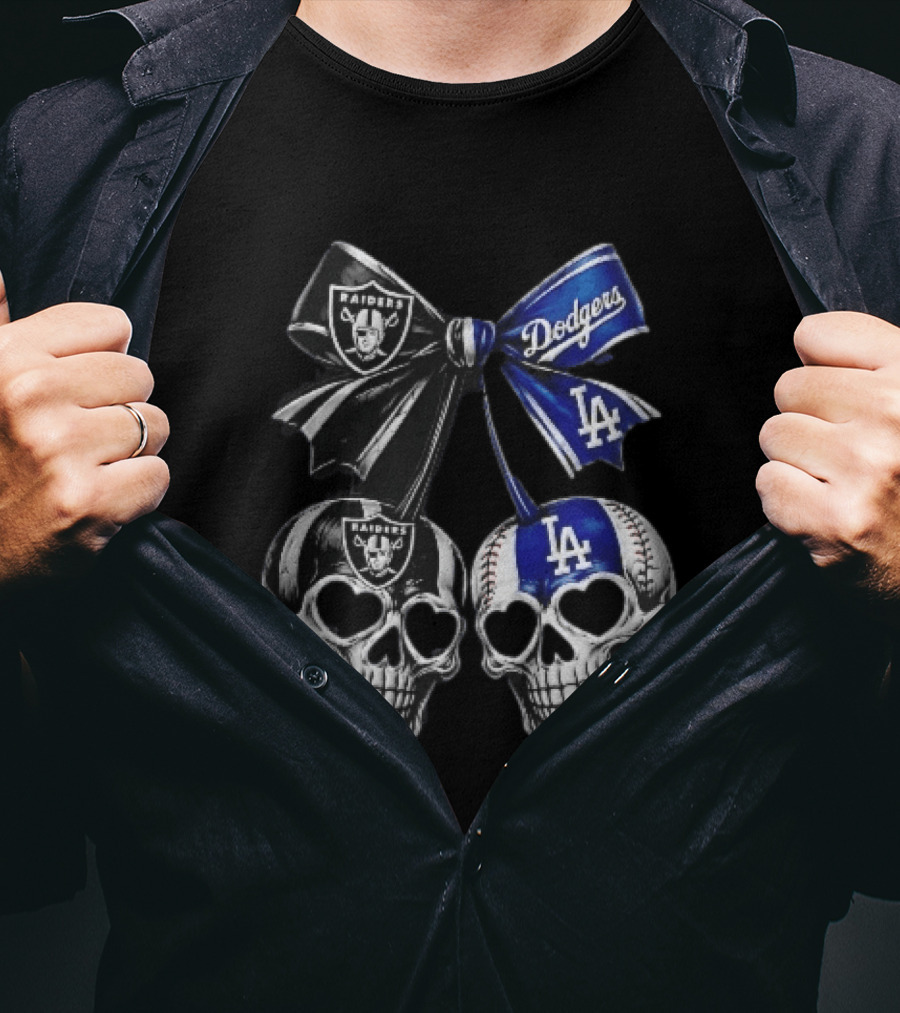 Las Vegas Raiders Los Angeles Dodgers MLB Skulls Cherry Heart Eye Sockets Bow Ribbon T-Shirt