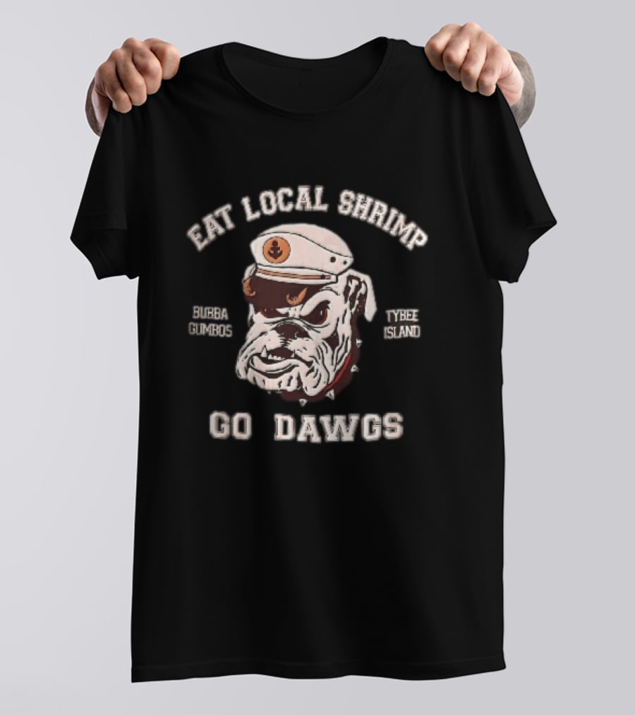 Eat Local Shrimp Bubba Gumbos Tybee Island Go Dawgs Captain Hat Spiked Collar T-Shirt