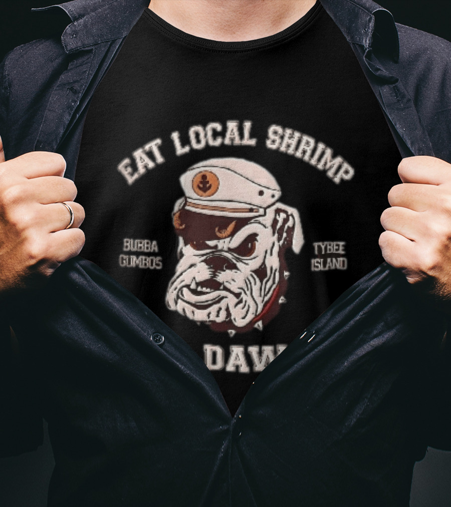 Eat Local Shrimp Bubba Gumbos Tybee Island Go Dawgs Captain Hat Spiked Collar T-Shirt