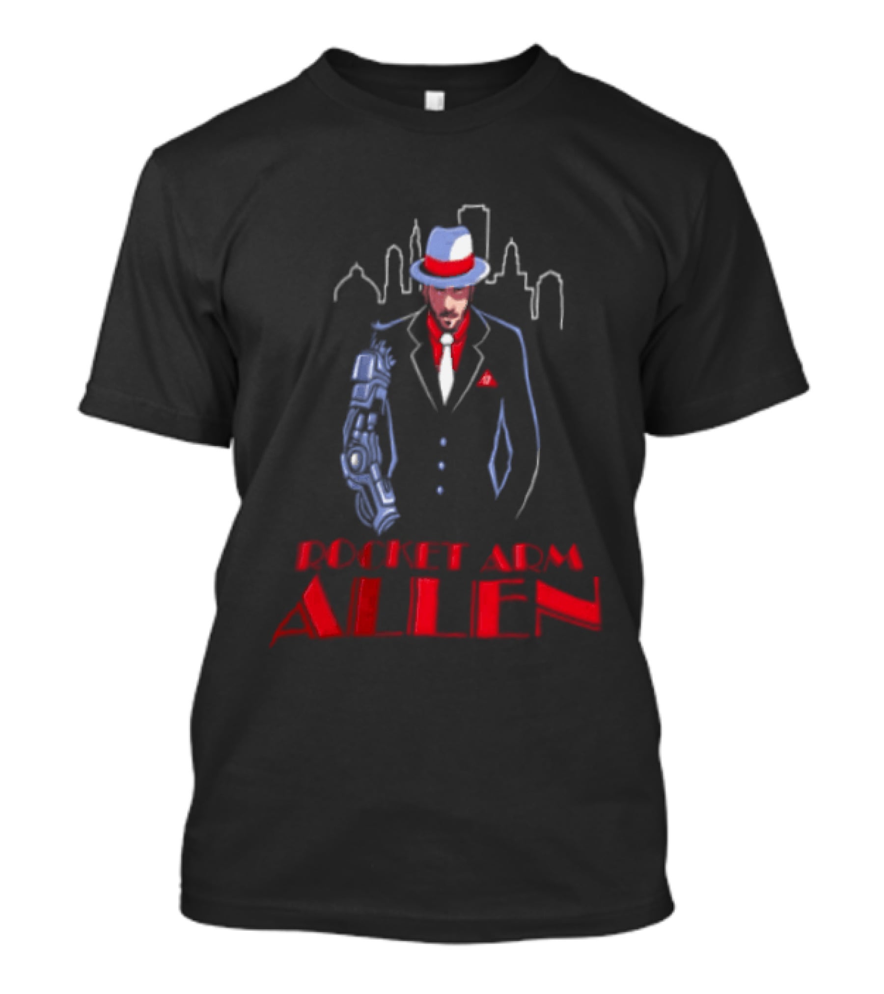 Rocket Arm Allen Man In Suit With Cybernetic Arm City Skyline T-Shirt