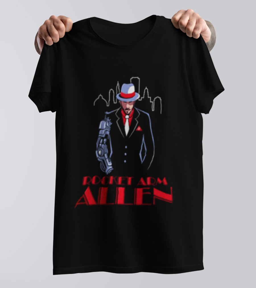 Rocket Arm Allen Man In Suit With Cybernetic Arm City Skyline T-Shirt