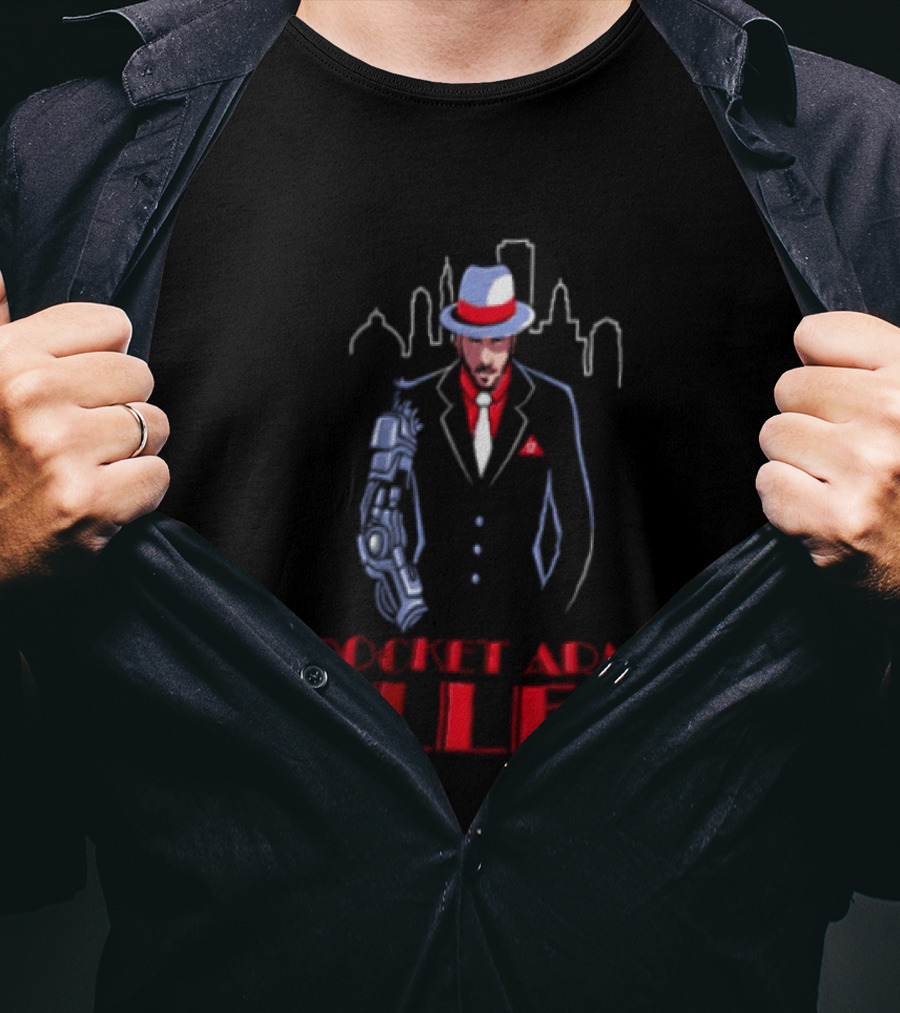 Rocket Arm Allen Man In Suit With Cybernetic Arm City Skyline T-Shirt