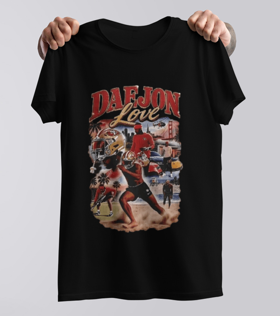 San Francisco 49ers Daejon Love Collage Running Barefoot Beach Player Photos T-Shirt