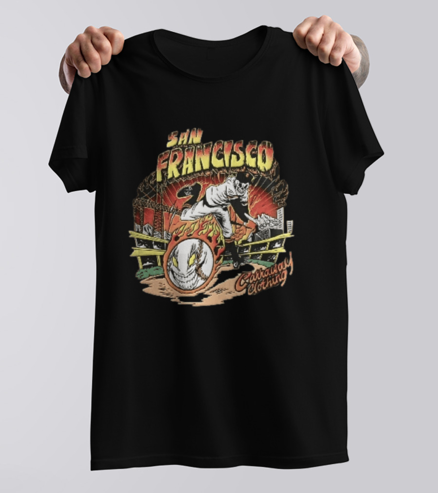 San Francisco Giants Skeleton Pitcher Flaming Baseball Golden Gate Bridge Carraway Clothing T-Shirt