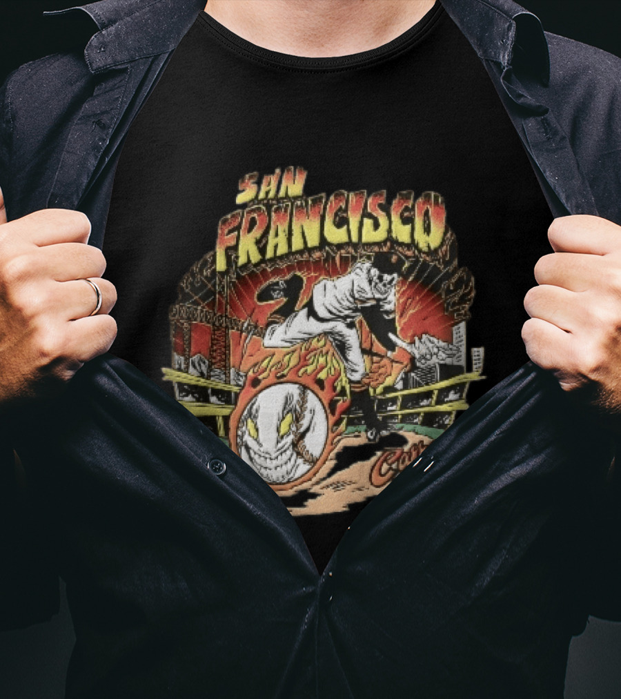 San Francisco Giants Skeleton Pitcher Flaming Baseball Golden Gate Bridge Carraway Clothing T-Shirt