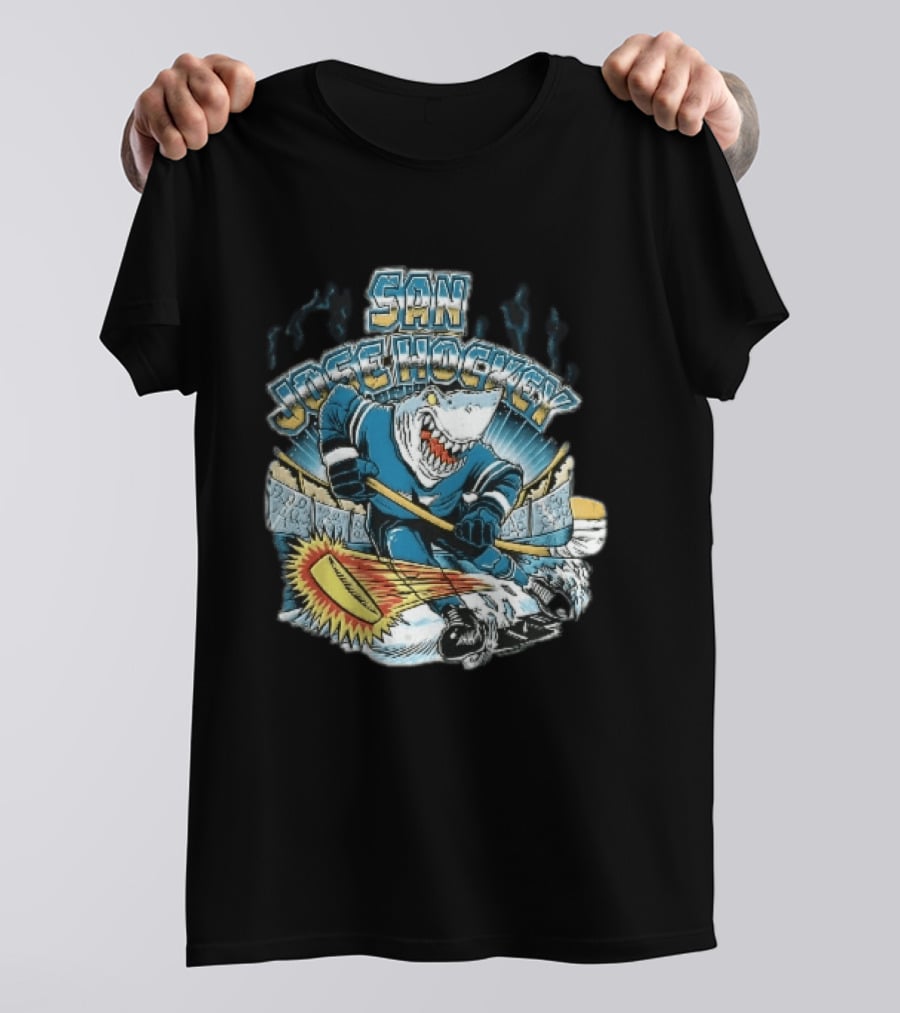 San Jose Hockey Cartoon Skating Shark Flaming Puck Ice Rink T-Shirt