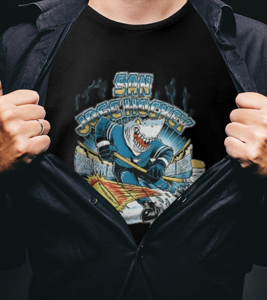 San Jose Hockey Cartoon Skating Shark Flaming Puck Ice Rink T-Shirt