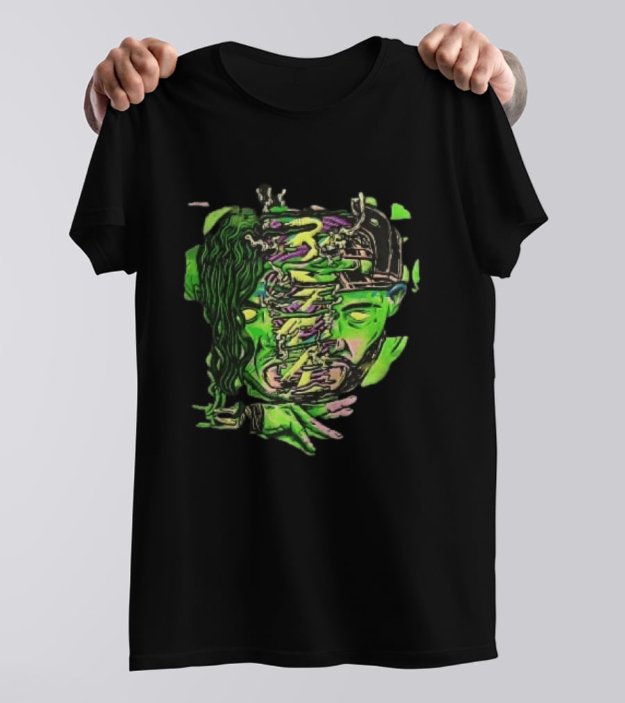 Split Green Head Glowing Yellow Eyes Neon Cartoon Halftone T-Shirt