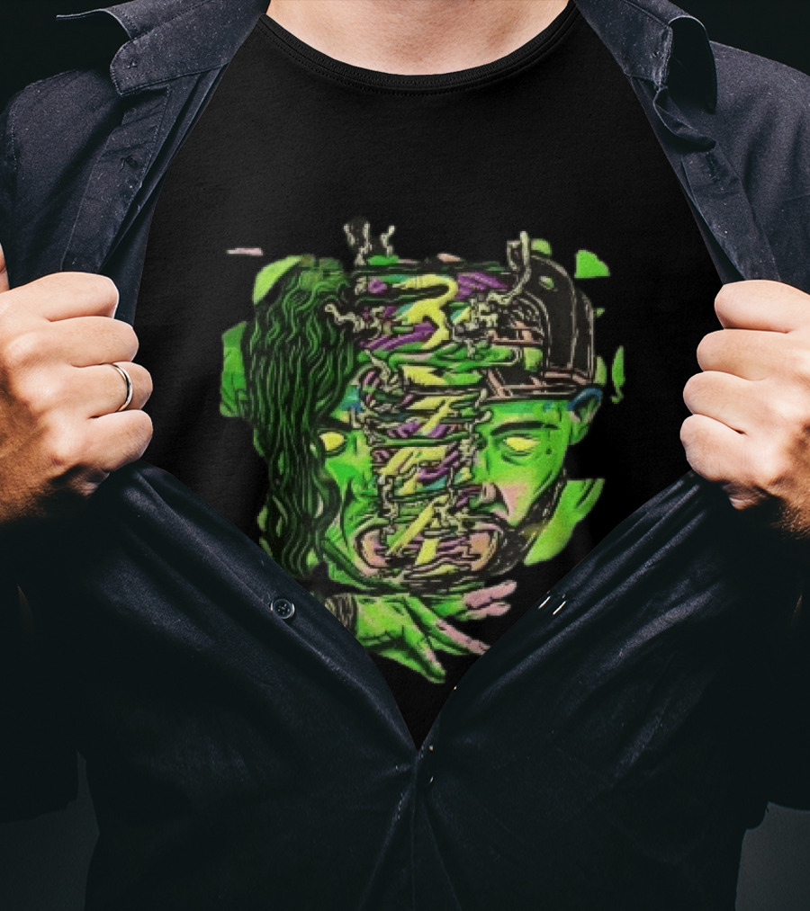 Split Green Head Glowing Yellow Eyes Neon Cartoon Halftone T-Shirt
