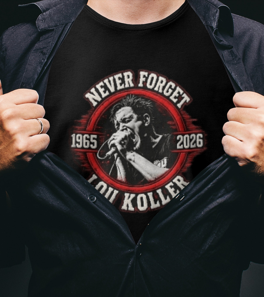 Never Forget Lou Koller 1965 2026 Singer Screaming Microphone Red Frame T-Shirt