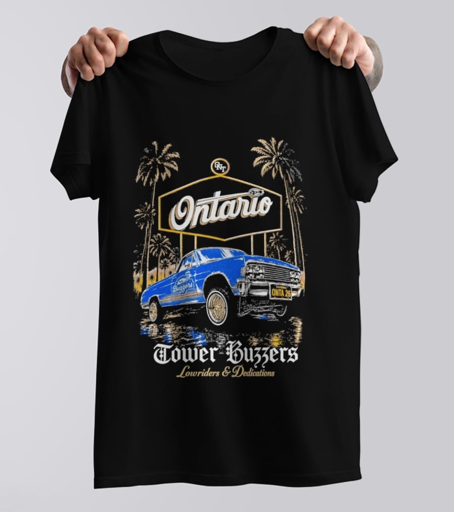 Ontario Tower Buzzers Lowrider Dedication Retro Car Scene T-Shirt