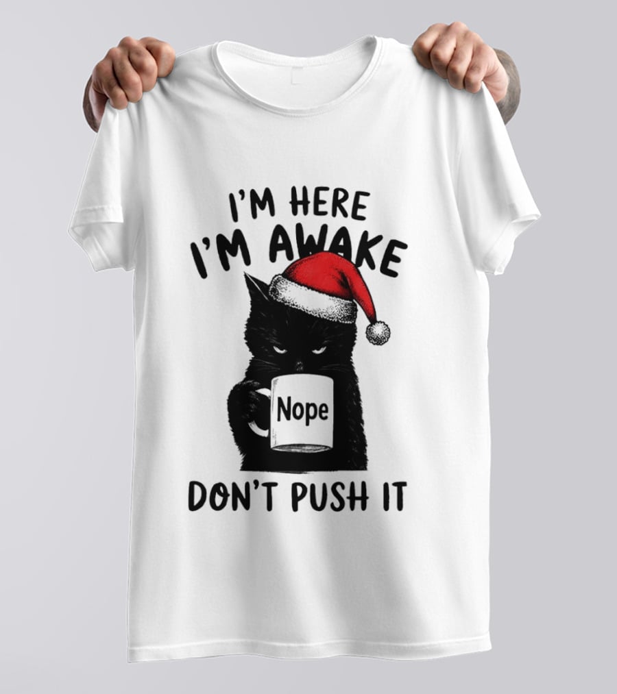 Black Cat Santa I'm Here I'm Awake Nope Don't Push It Holiday T-Shirt