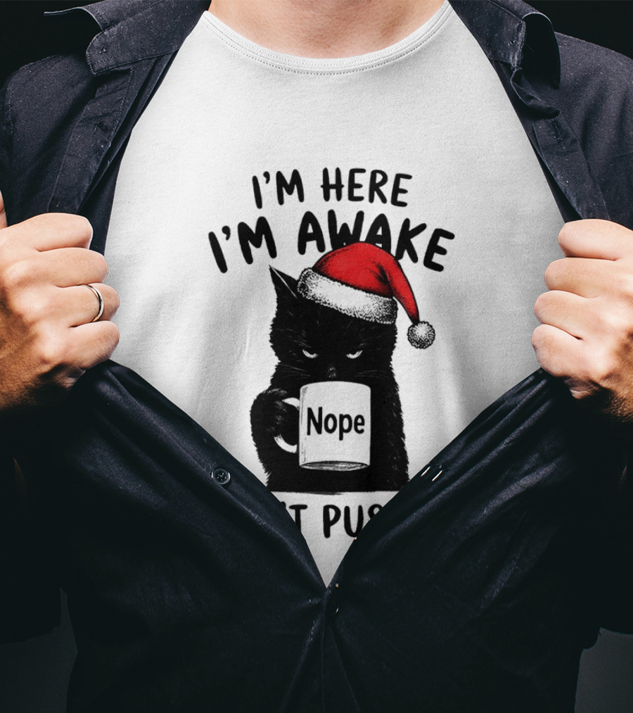 Black Cat Santa I'm Here I'm Awake Nope Don't Push It Holiday T-Shirt
