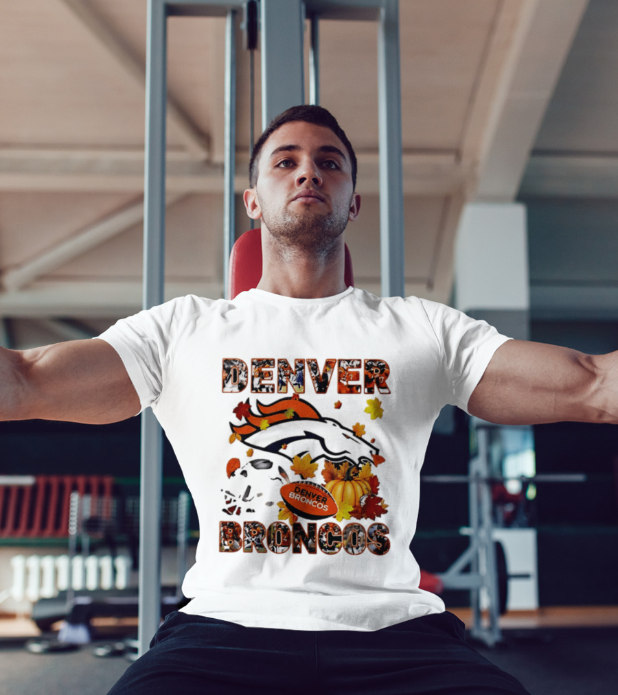 Denver Broncos Football Autumn Fall Leaves Pumpkin Halloween 2026 T-Shirt