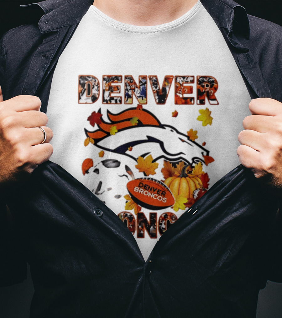 Denver Broncos Football Autumn Fall Leaves Pumpkin Halloween 2026 T-Shirt