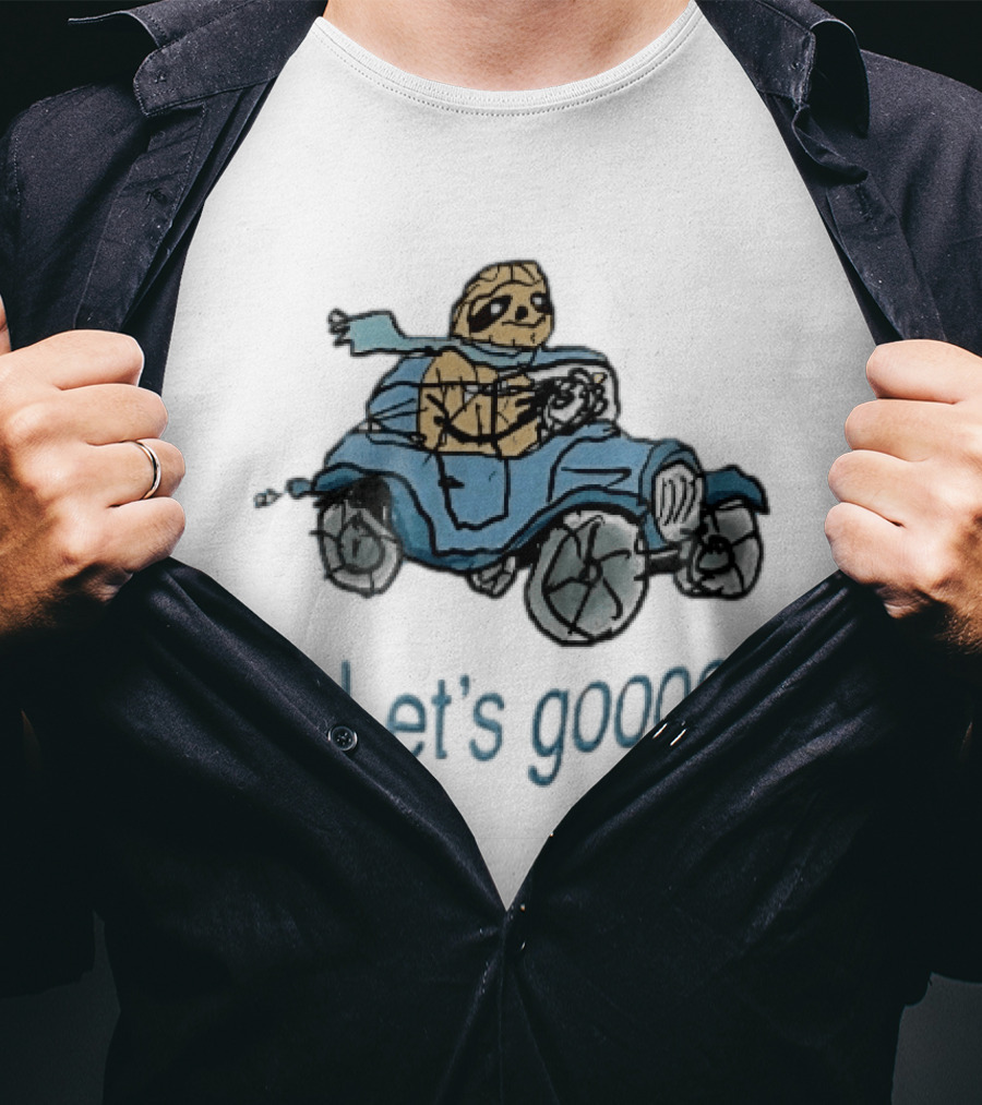 Let's Gooooo Cartoon Sloth Scarf Driving Blue Car Sketch T-Shirt
