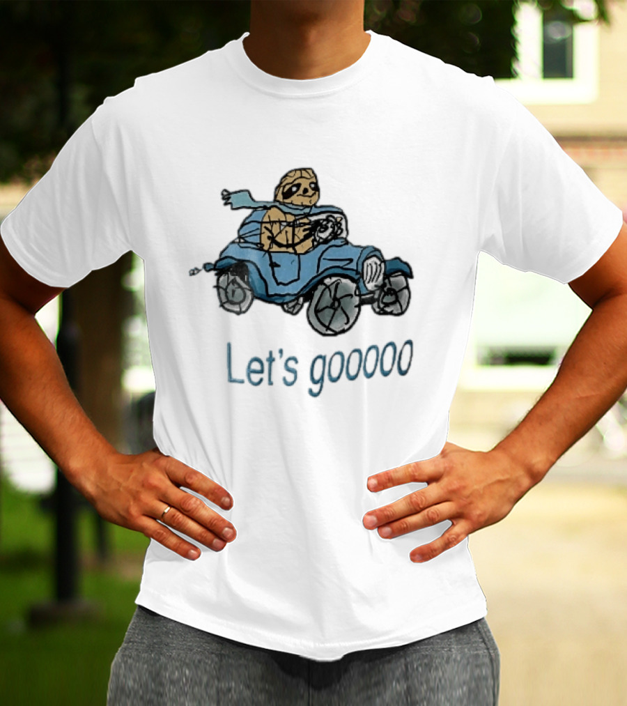Let's Gooooo Cartoon Sloth Scarf Driving Blue Car Sketch T-Shirt