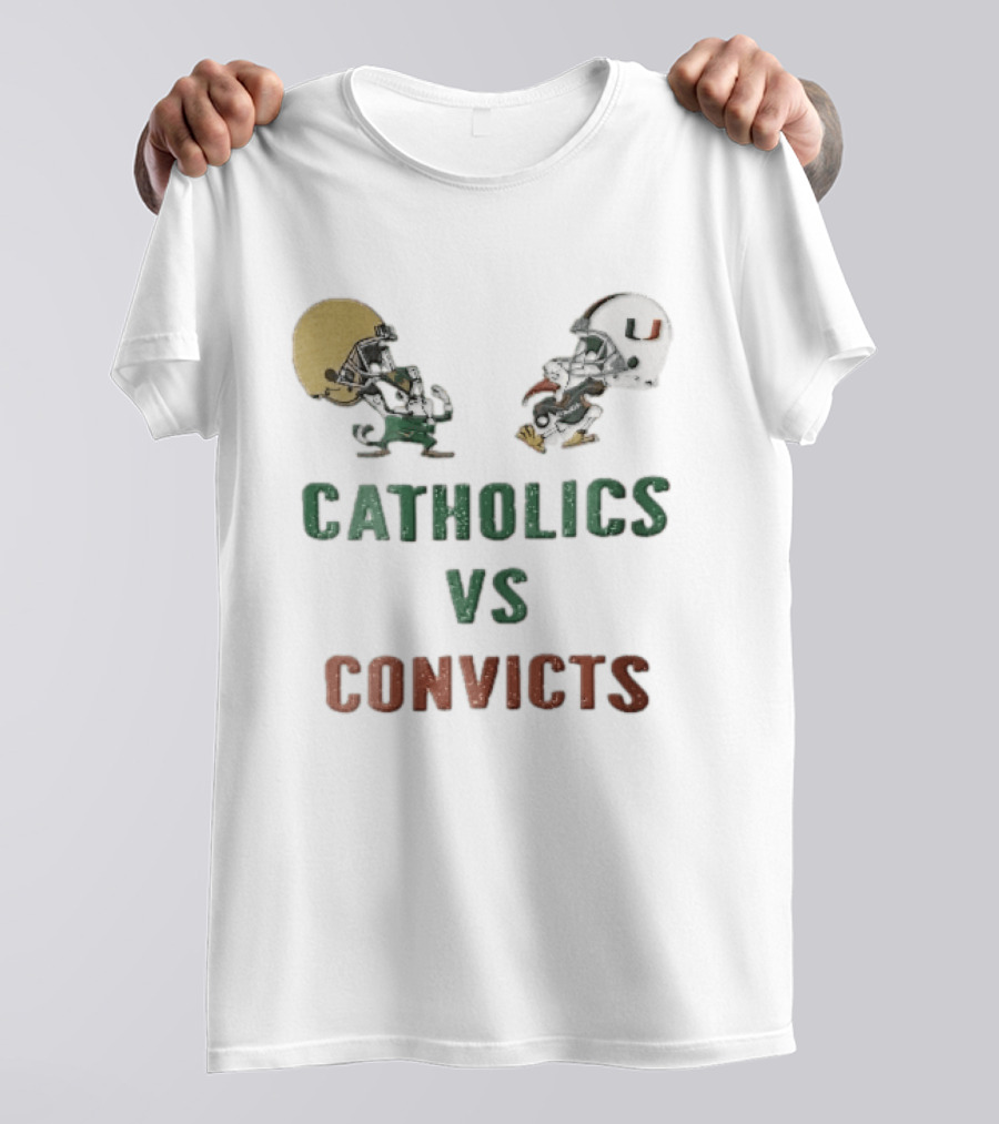 Notre Dame Fighting Irish Vs Miami Hurricanes Catholics Vs Convicts Cartoon Caricature T-Shirt